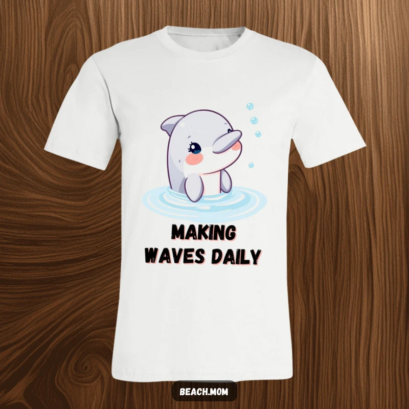 Funny dolphin emerging from the water, blowing a trail of bubbly streams, printed on a fun t-shirt.
