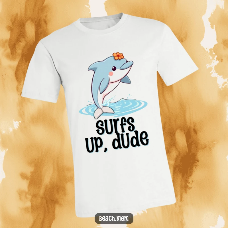 Funny dolphin with a lei jumping out of water, radiating joy and tropical humor on a comfortable graphic tee.