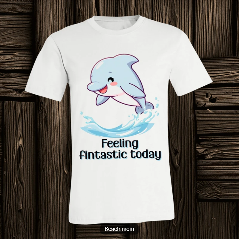 Funny dolphin t-shirt, cartoon character joyfully leaping high above sparkling ocean waves, adventure awaits.