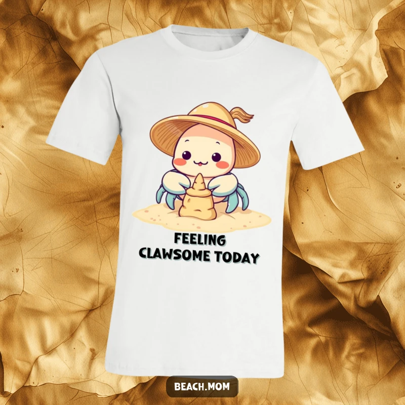 Funny Kawaii Crab T-Shirt: a charming crab wearing a sun hat, adorably attempting to construct a sandcastle.
