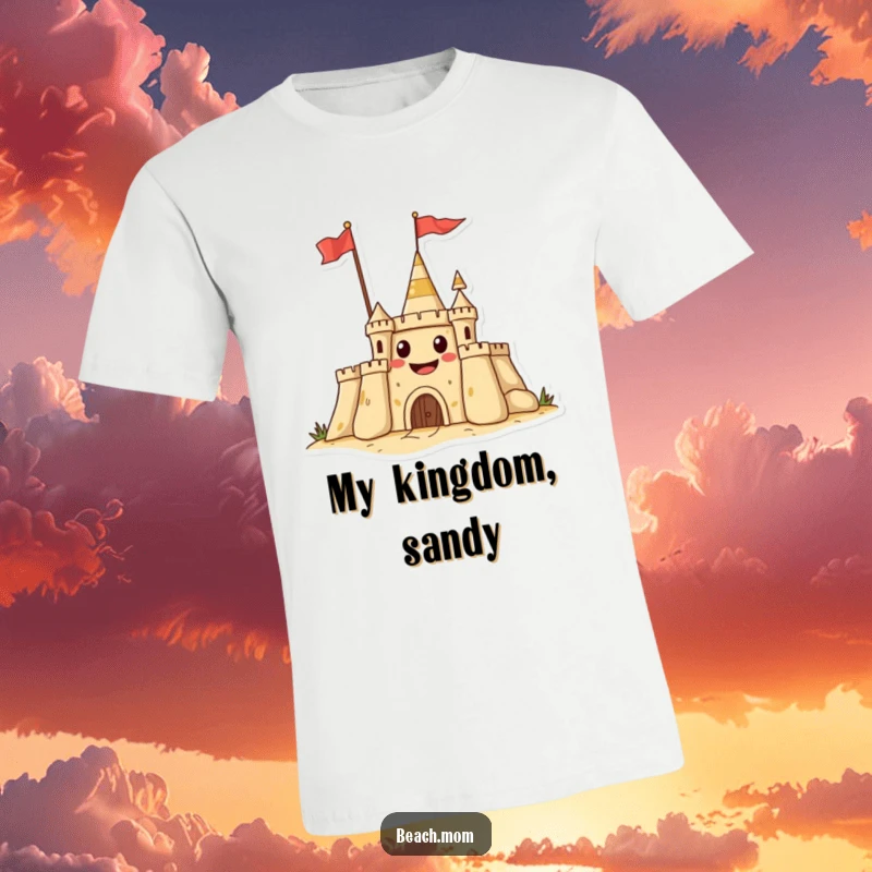 Funny t-shirt featuring a grinning sandcastle proudly waving a flag, perfect for beach vacations and sunny days.