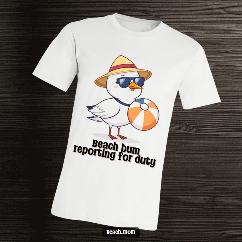 Funny seagull in a tiny sun hat and sunglasses, clutching a beach ball, printed on a t-shirt.
