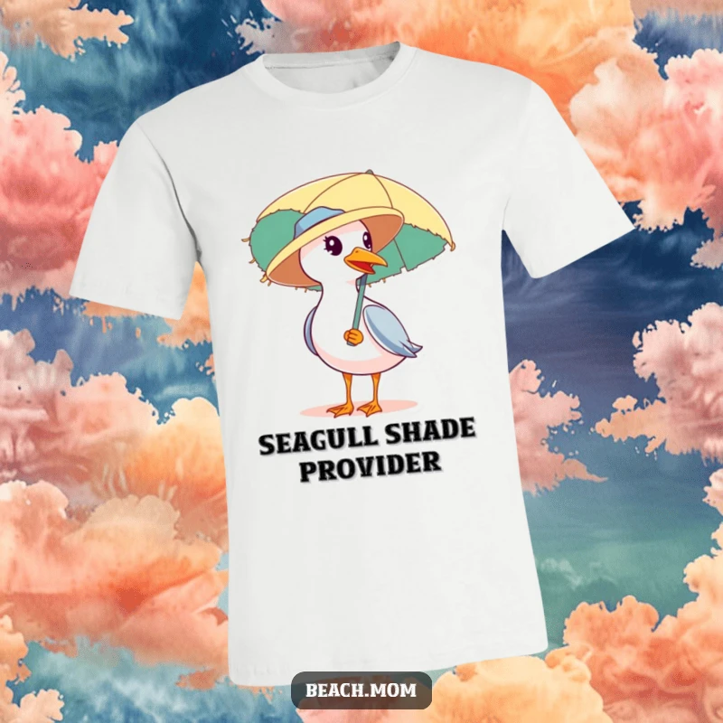 Funny t-shirt featuring a seagull wearing a straw hat and carrying a beach umbrella, ready for a sunny day with a humorous pose.