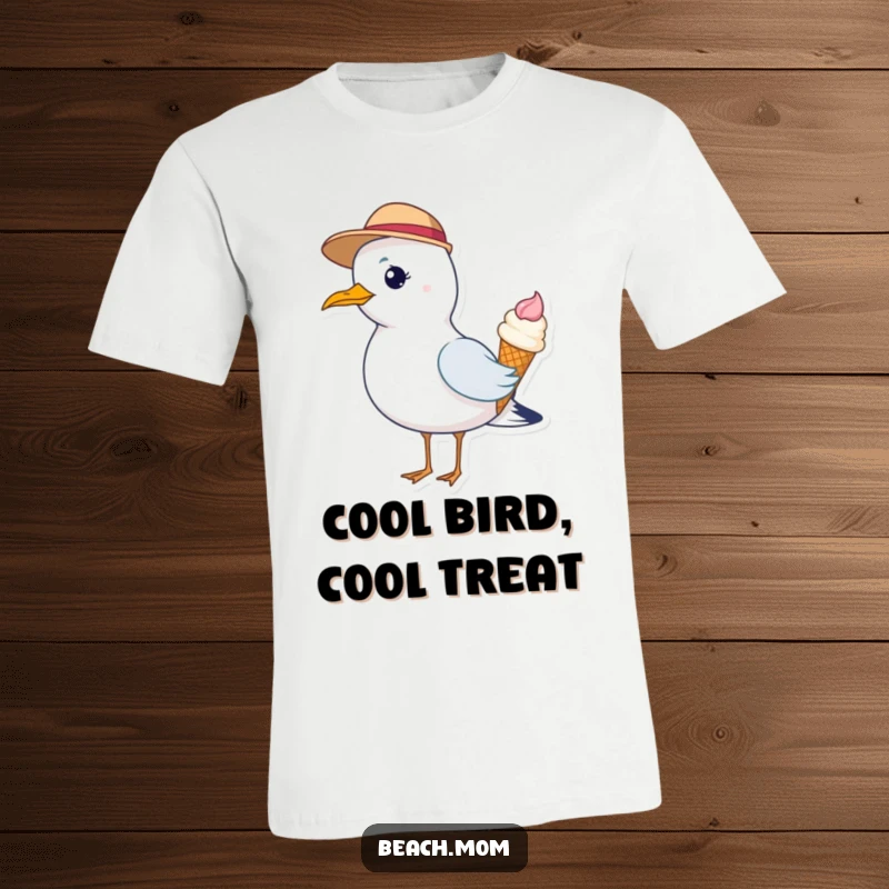 Funny t-shirt featuring a stylish seagull in a tiny hat, savoring an ice cream cone, capturing coastal charm.