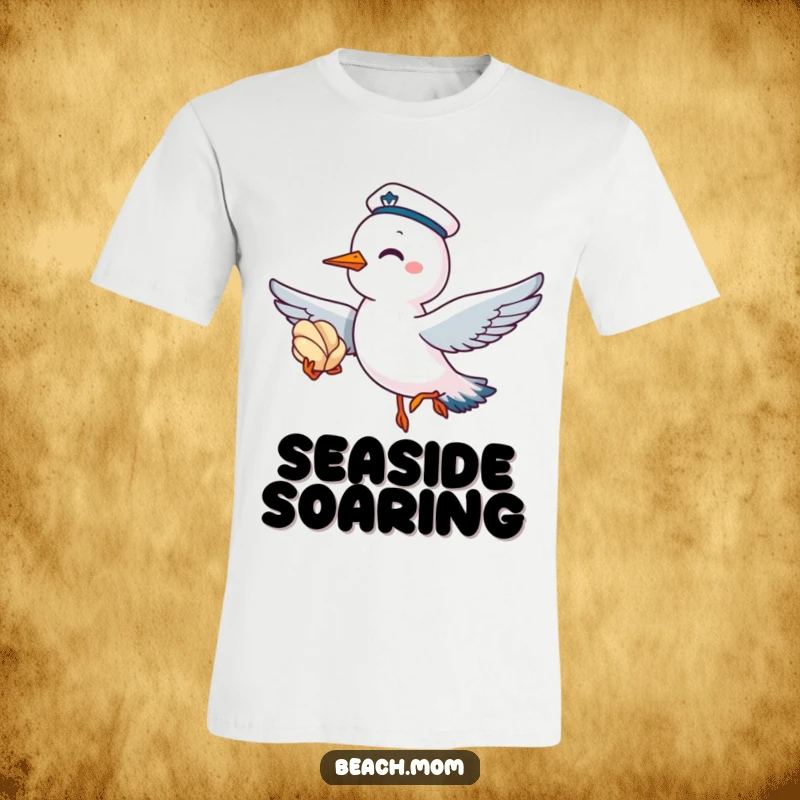 Funny seagull t-shirt with a sailor cap, giggling while flying with a seashell, celebrating beach life.