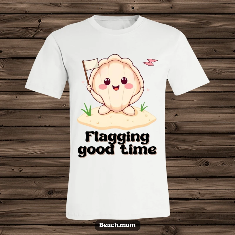 Funny smiling seashell holding a tiny flag planted in the sand, printed on a t-shirt, representing a whimsical beach discovery.