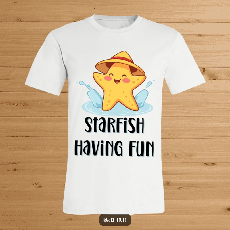 Funny starfish t-shirt depicting a cheerful sea creature in a sunhat playfully splashing water, radiating humorous ocean joy.