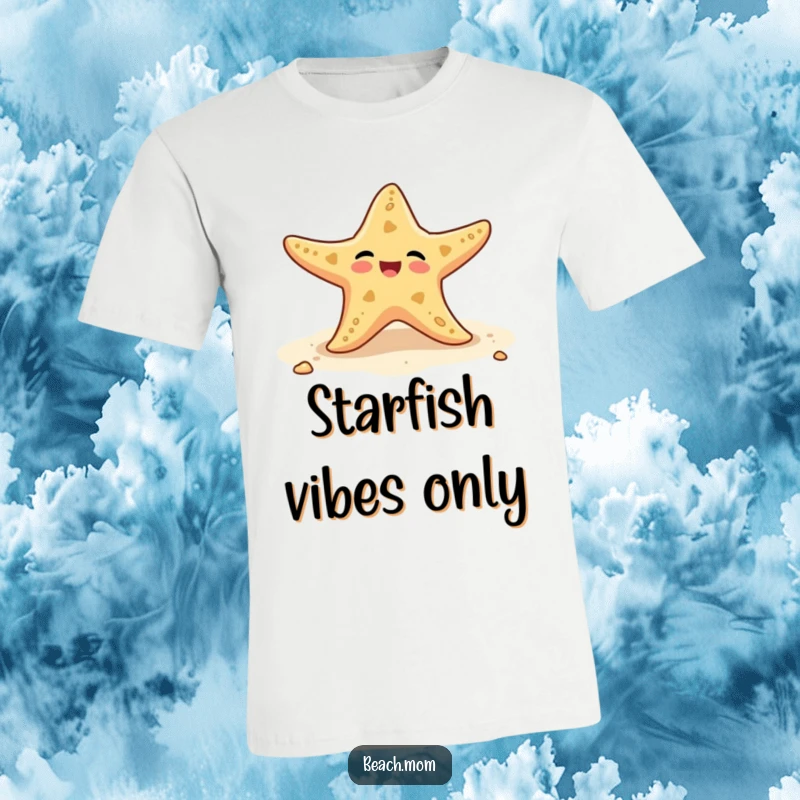 Funny t-shirt featuring a delighted starfish wiggling its many arms on the sand, perfect for beach vacations.