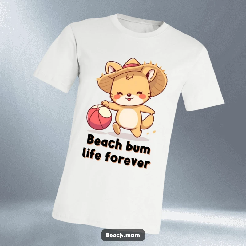 Funny t-shirt: A cartoon animal wearing a straw hat runs with glee, chasing a beach ball on a sunny day.