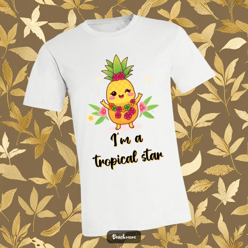 Funny Kawaii pineapple t-shirt, cute cartoon fruit wearing a lei, performing a lively hula dance, tropical vibes.