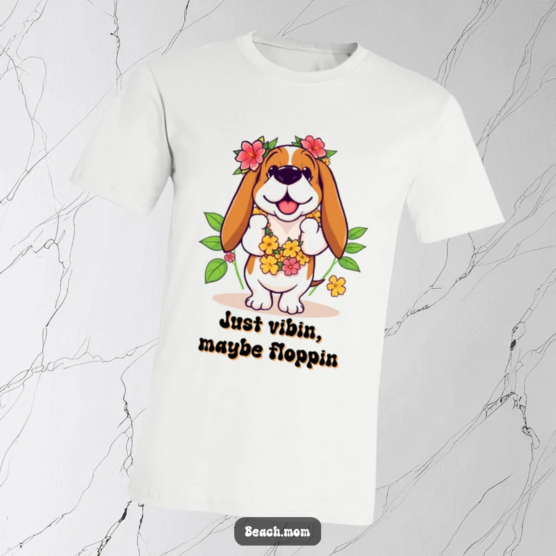 Funny Basset Hound t-shirt featuring a dog in a leis, awkwardly but joyfully attempting a hula dance.
