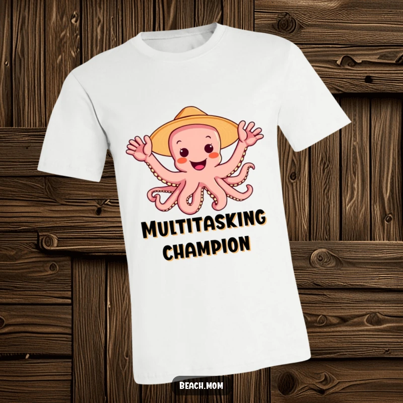 Funny octopus wearing a sun hat and waving multiple arms joyfully, printed on a t-shirt, radiating happiness and fun.