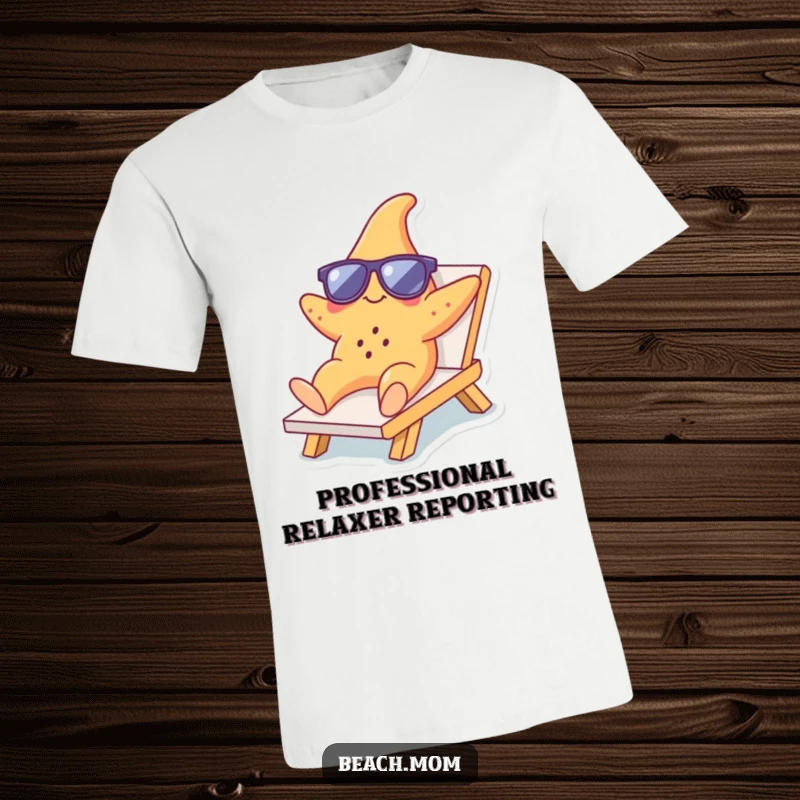 Funny Starfish Lounger T-Shirt: A cool starfish wearing sunglasses, relaxing on a beach chair, illustrating funny summer vacation humor.