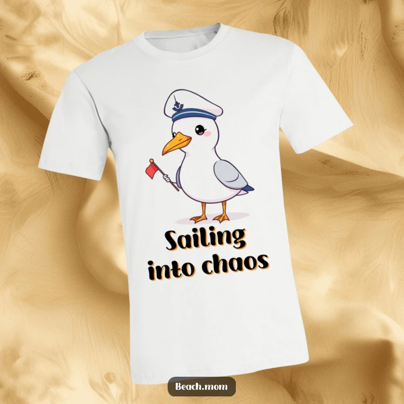 Funny gull wearing a sailor hat and waving a tiny flag, bringing nautical humor to a comfortable graphic tee.