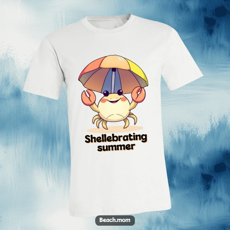 Funny Crab T-Shirt: A happy crab carrying a colorful beach umbrella, symbolizing beach day fun.