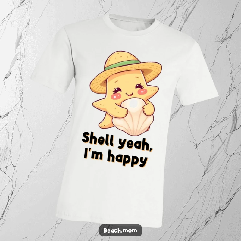 Funny starfish wearing a straw hat, hugging a seashell, printed on a soft cotton t-shirt.