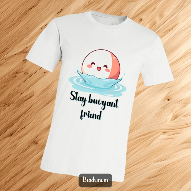Funny Kawaii Beach Ball T-Shirt: a cute beach ball character joyfully bouncing and splashing on shimmering water.