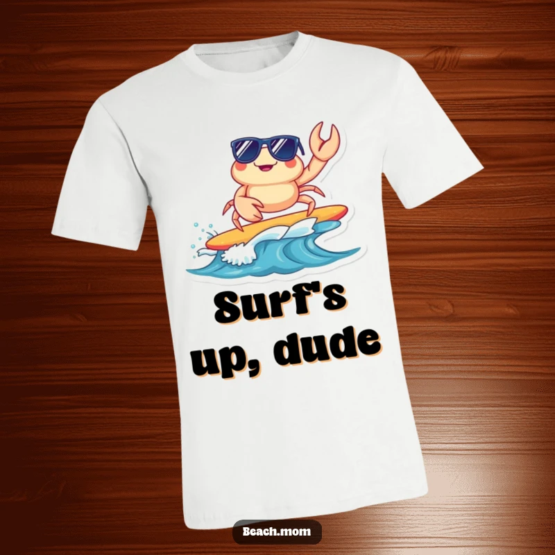 Funny surfing crab t-shirt with a cool crab in sunglasses riding a wave, perfect for beach vacations and summer fun, a humorous gift.