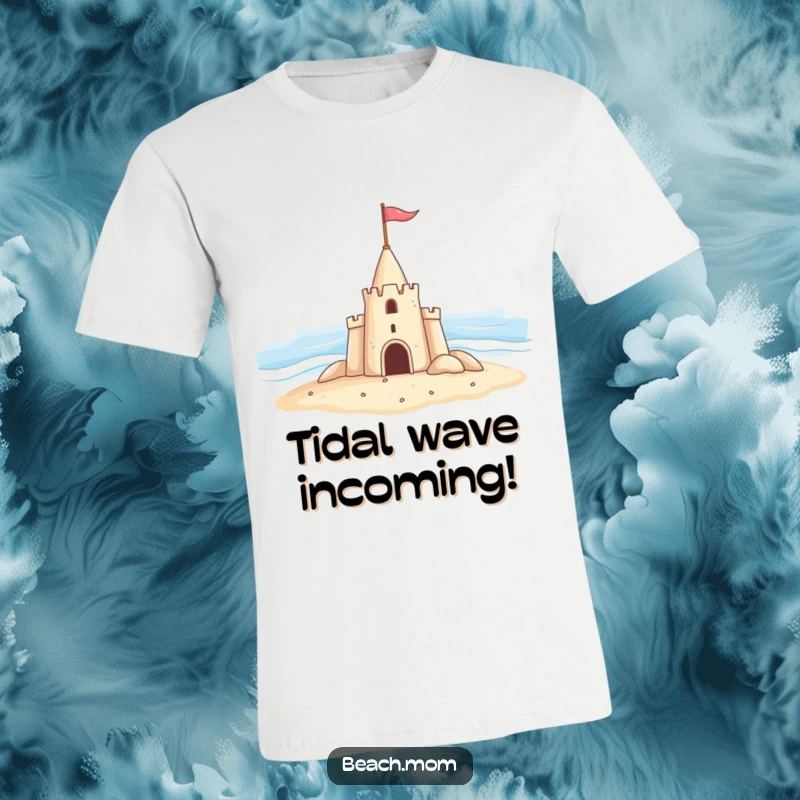 Funny t-shirt with a happy sandcastle raising a small flag to greet the ocean, capturing a moment of pure beach joy.