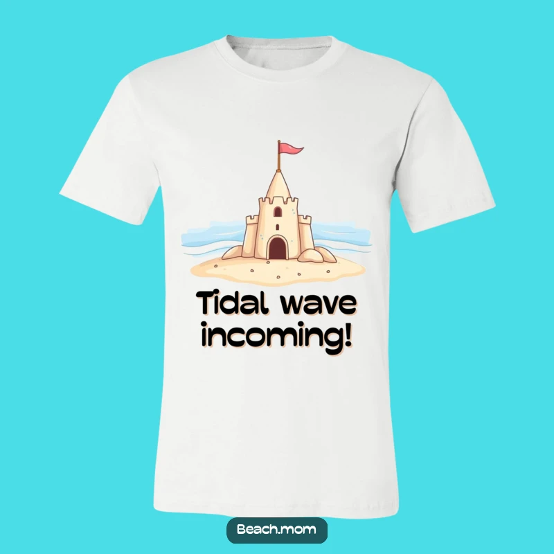 Funny Sandcastle Beach T-Shirt: Cheerful Castle Waving Flag at Ocean