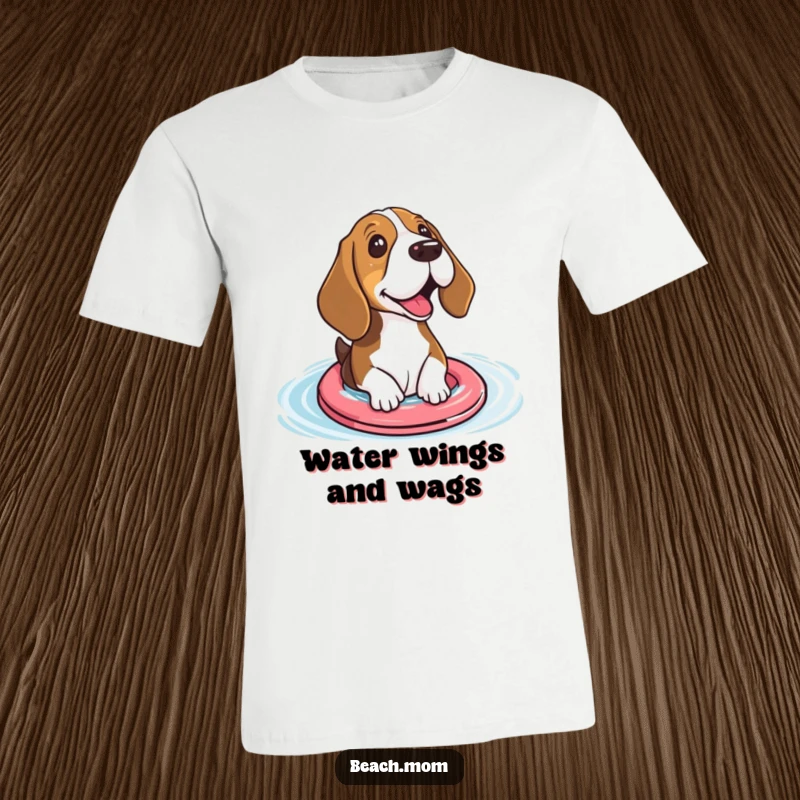 Funny Basset hound t-shirt of a dog wearing small floaties and excitedly paddling in water, highlighting aquatic fun.