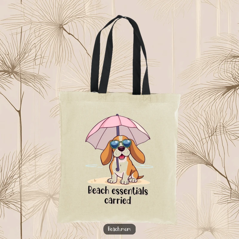 Funny Basset Hound tote bag showing a dog under a tiny umbrella, enjoying the beach breeze, great for carrying beach gear.