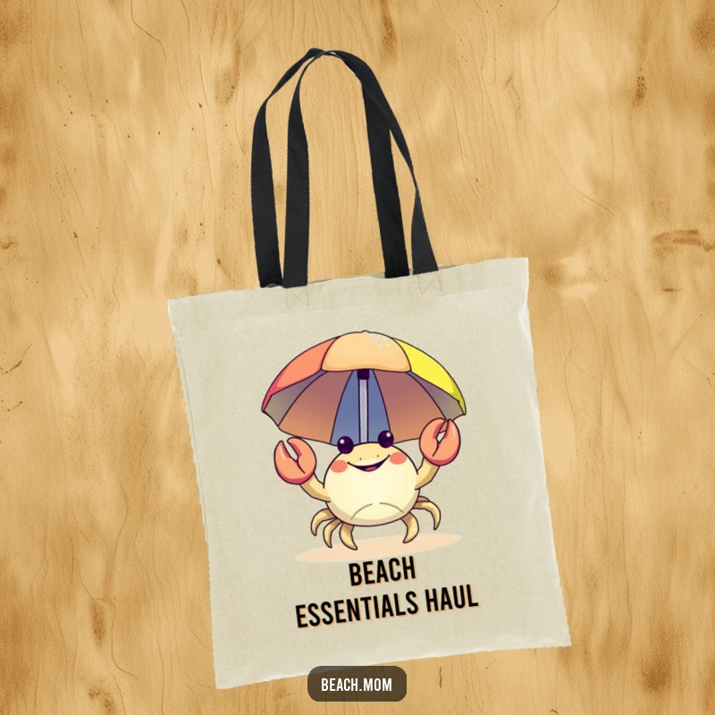 Funny Crab Tote Bag: A happy crab carrying a colorful beach umbrella, great for beach gear.