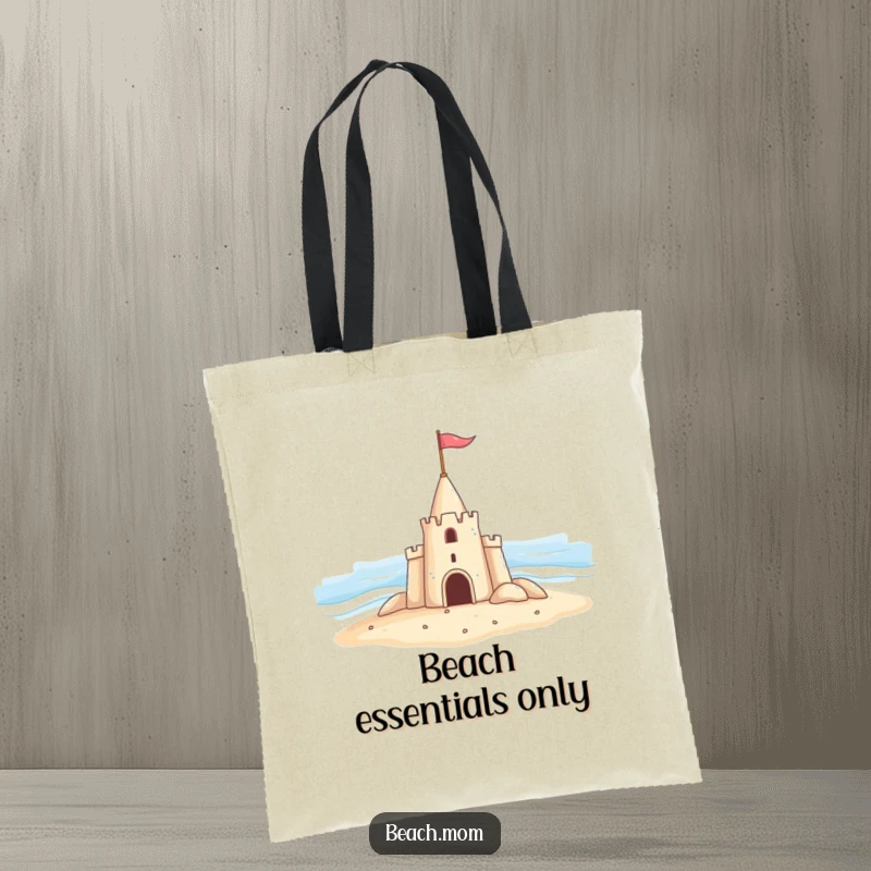 Funny tote bag depicting a smiling sandcastle with a tiny flag, happily saluting the ocean, perfect for beach trips.