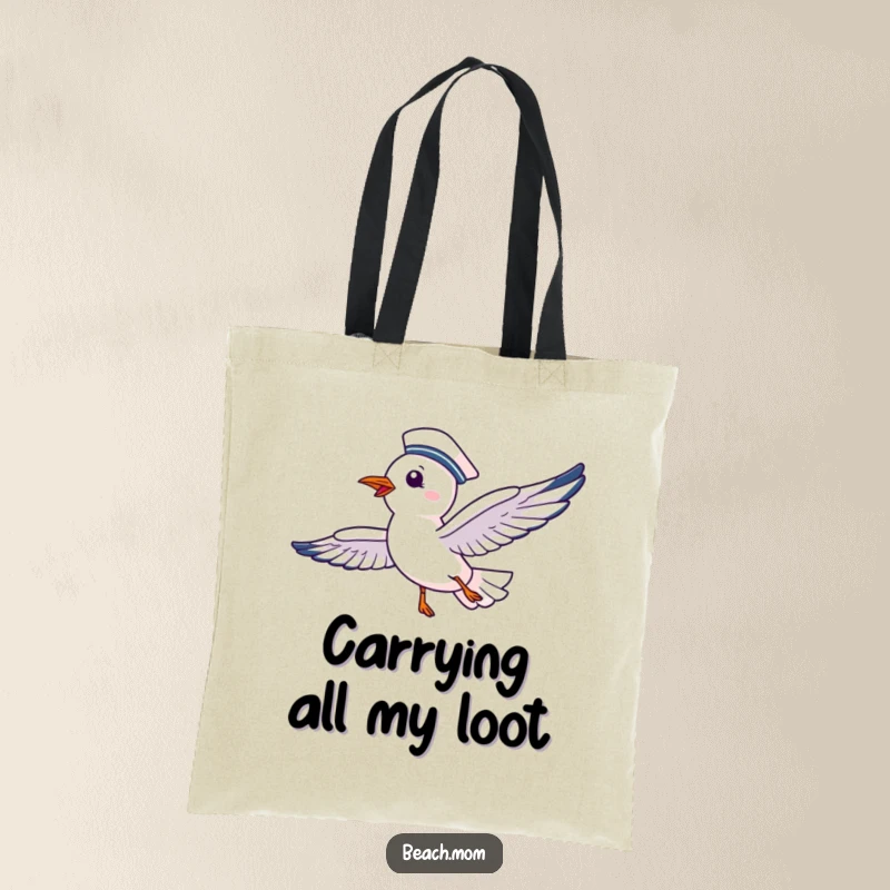 Funny tote bag with a delighted seagull in a sailor hat, soaring joyfully, ideal for carrying beach finds.