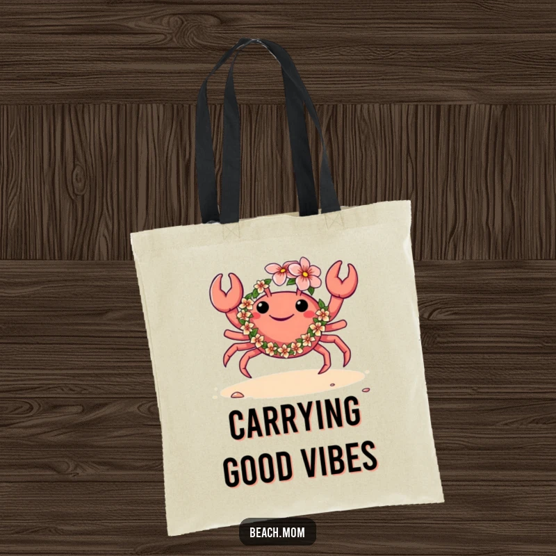 Funny tote bag showcasing a crab with a flower lei, happily dancing on the sand, perfect for beach essentials and tropical enthusiasts.