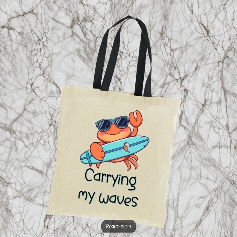 Funny crab tote bag showing a cool crab with sunglasses and a surfboard, a humorous and practical accessory for beach trips.