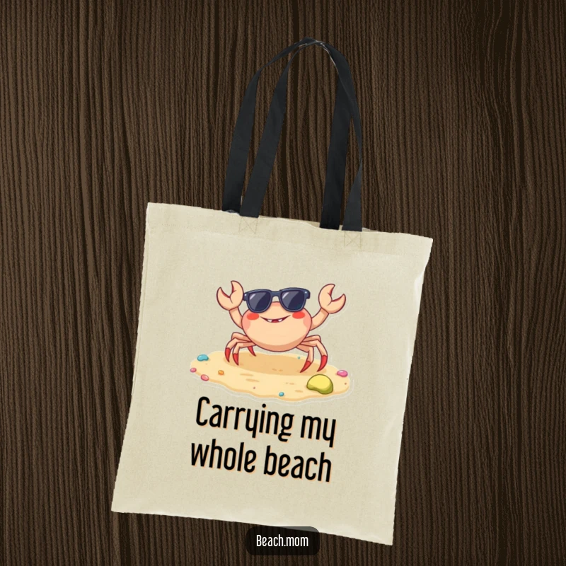 Funny crab tote bag featuring a sunglasses-wearing crab scuttling on a vibrant beach, ideal for carrying essentials.