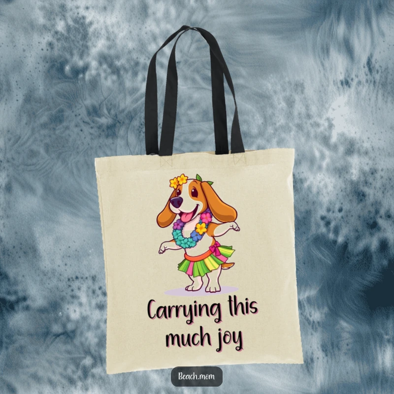 Funny Basset Hound tote bag showcasing a hula dancer in a colorful lei and skirt, ready for a beach party.