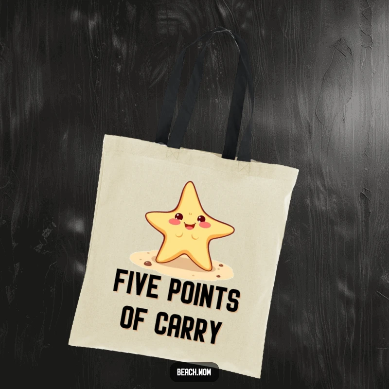 Funny Starfish Tote Bag showcasing a smiling starfish doing a cartwheel on the sand, perfect for carrying treasures.