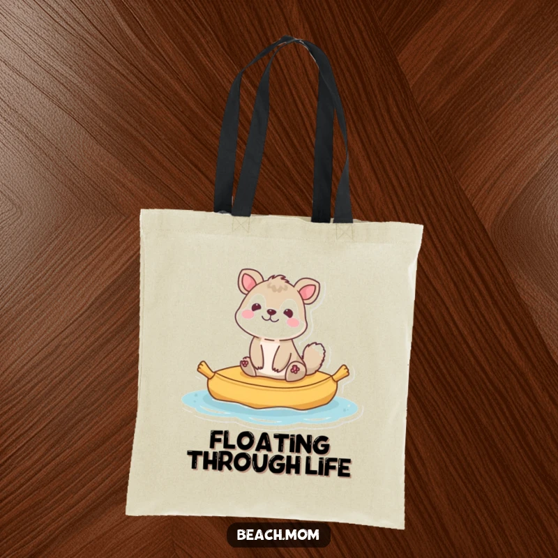 Funny animal character happily bobbing on a raft, symbolizing carefree relaxation, ideal for a stylish tote bag.
