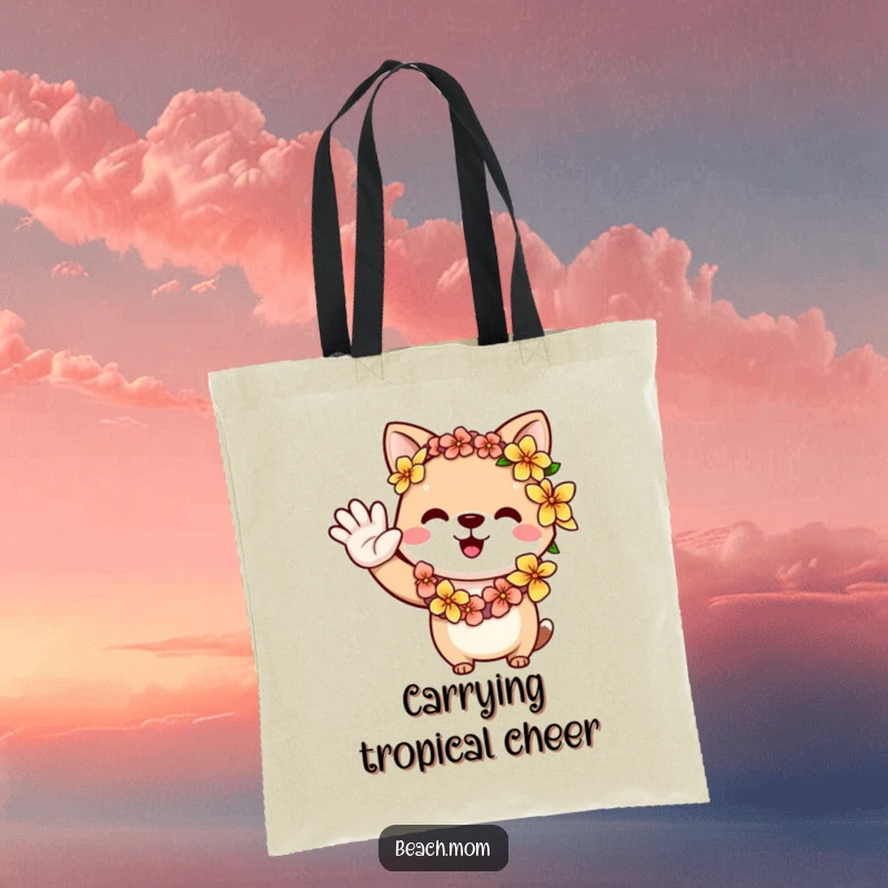 Funny animal wearing a beautiful flower lei, giving a welcoming wave, ideal for a stylish tote bag.