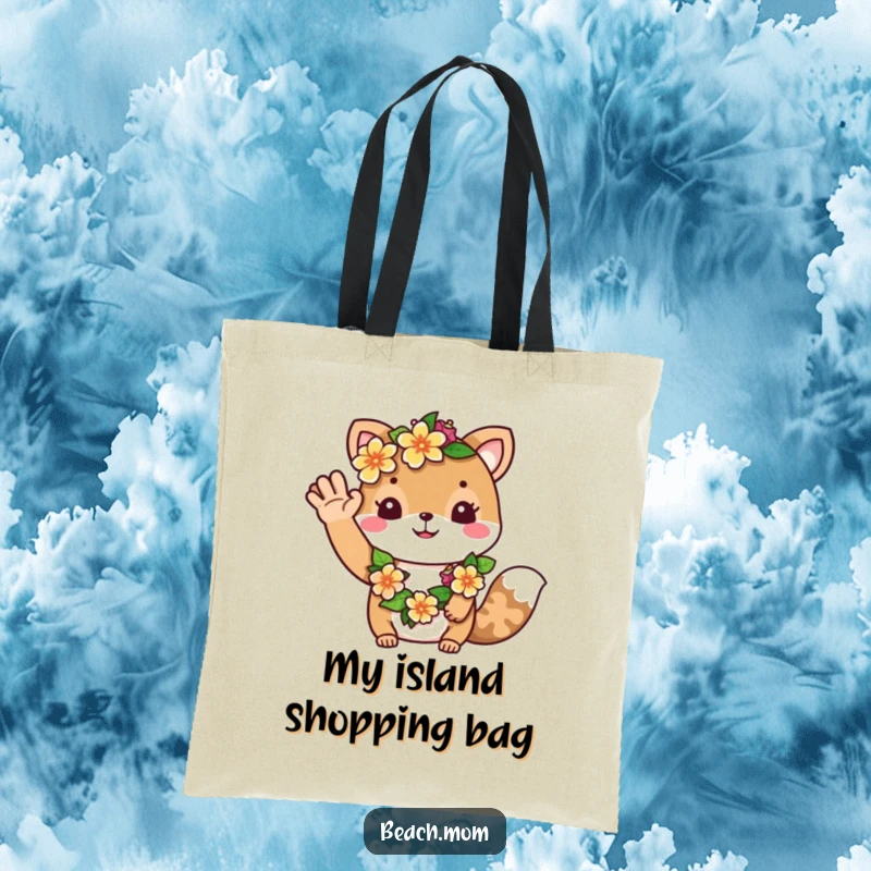 Funny tote bag: A cute animal character wearing a vibrant flower lei waves a warm and friendly greeting.