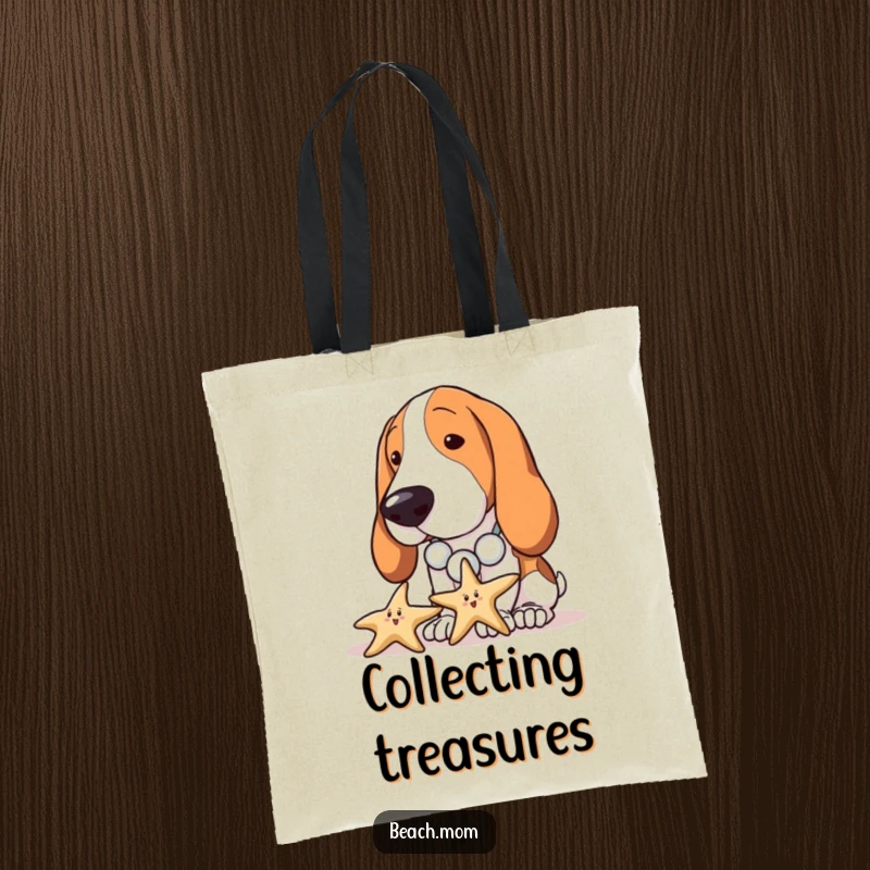 Funny Basset Hound tote bag depicting a dog with a seashell necklace curiously inspecting a starfish, great for beachcombing.