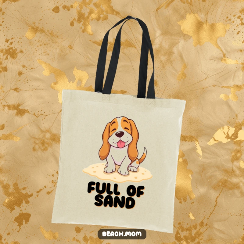 Funny Basset Hound tote bag showing a happy dog burying its tail in the sand with a contented sigh, perfect for beach trips.