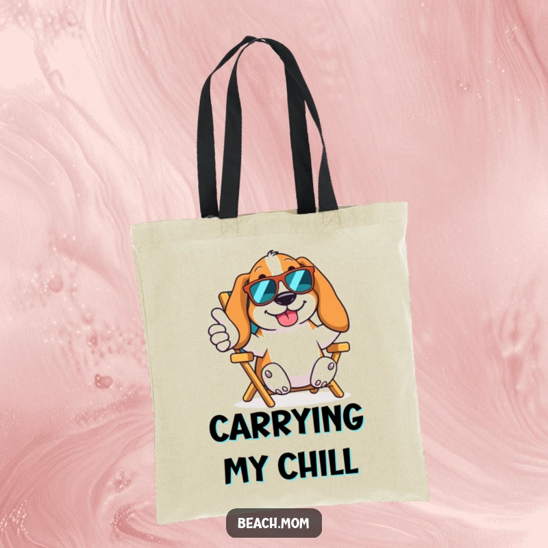 Funny Basset Hound tote bag shows a dog in sunglasses giving a thumbs up from a beach chair, perfect for carrying beach essentials.