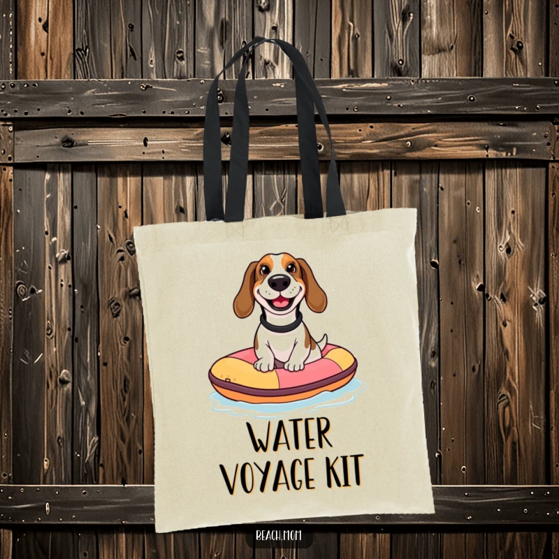 Funny Basset Hound tote bag showing a dog with a goofy grin riding a tiny inflatable raft, ideal for humorous beach trips.