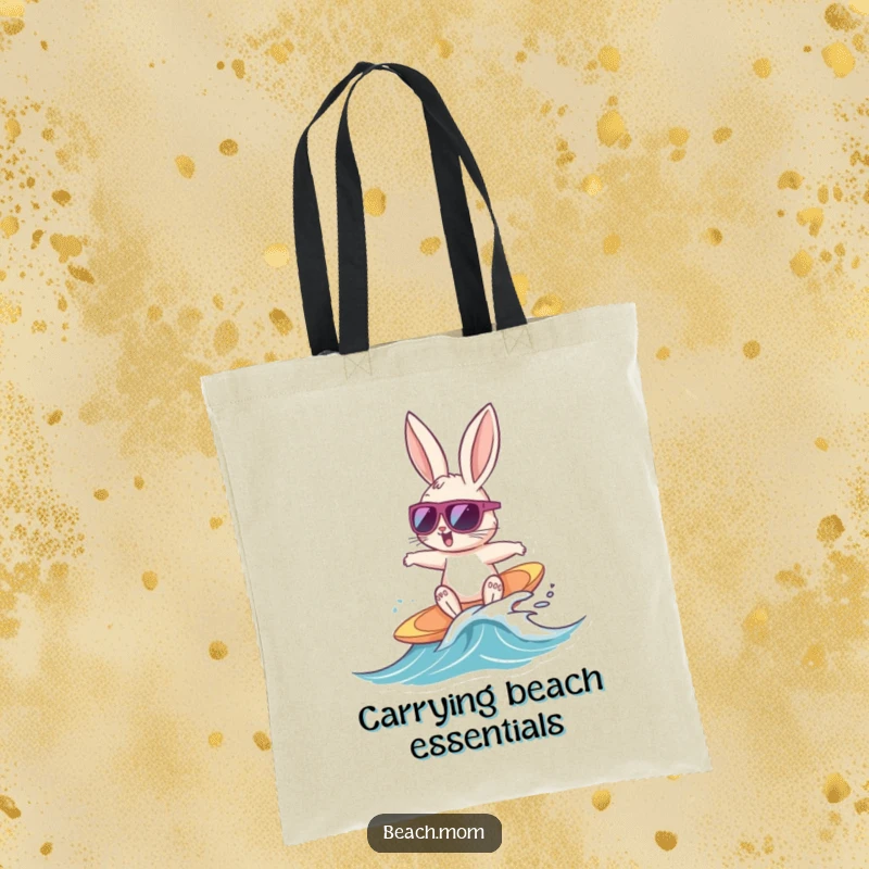 Funny Bunny Surfer tote bag showing a cool bunny with sunglasses surfing a small wave, ideal for carrying beach essentials with humor.