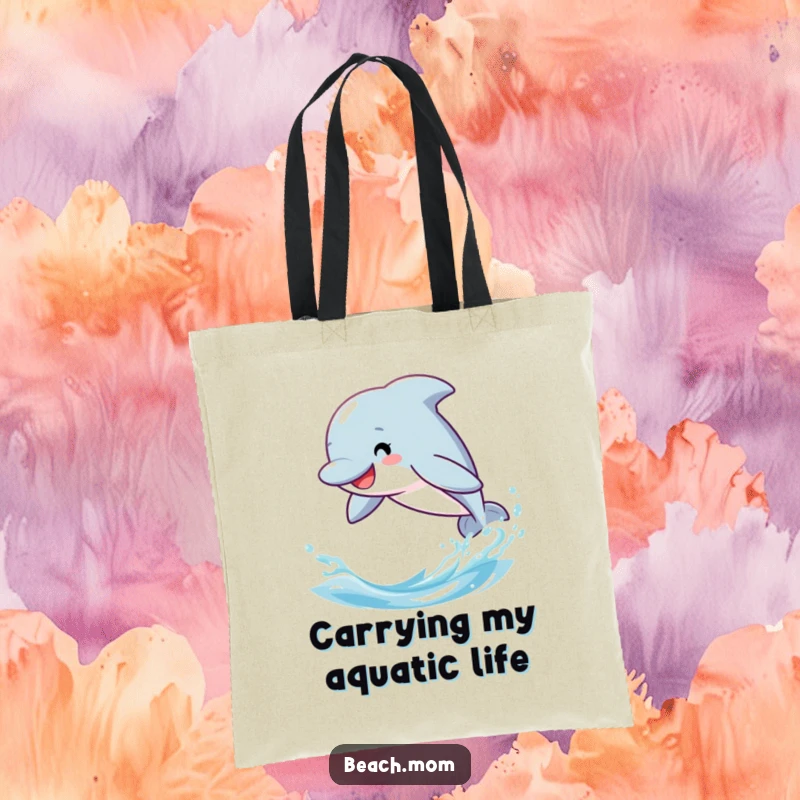 Funny dolphin tote bag, cartoon character joyfully leaping over stylized ocean waves, practical and fun accessory.