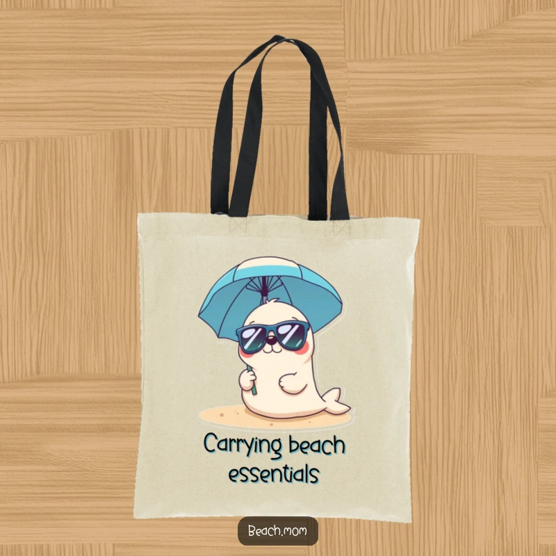 Funny Kawaii seal tote bag with a cute seal wearing sunglasses and holding a beach umbrella, perfect for beach trips.