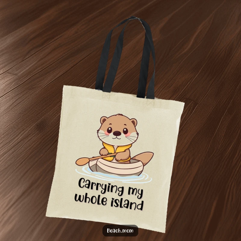 Funny tote bag featuring a cute otter in a life vest, paddling a small raft, perfect for shopping and daily use.
