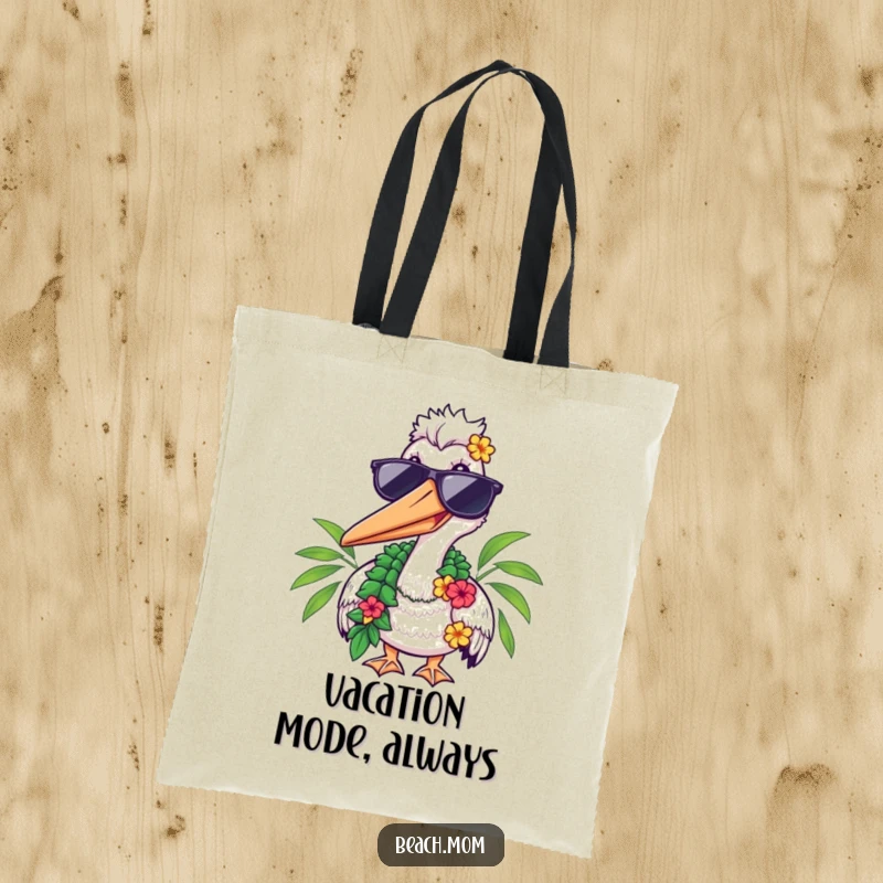 Funny tote bag featuring a pelican in sunglasses and a lei, smiling, perfect for beach days and shopping.
