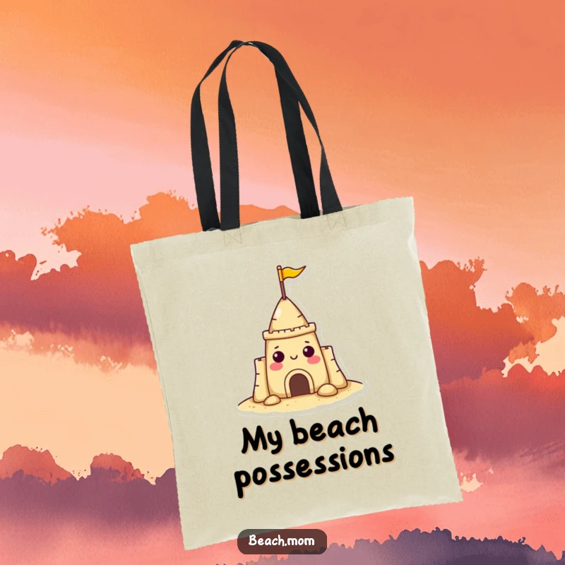 Funny sandcastle character tote bag with a flag, designed with cheerful beach vibes, a spacious and fun accessory.