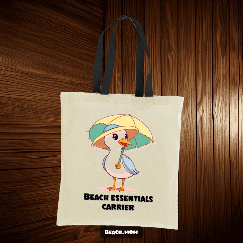 Funny tote bag featuring a seagull wearing a straw hat and carrying a beach umbrella, a humorous and practical beach accessory.