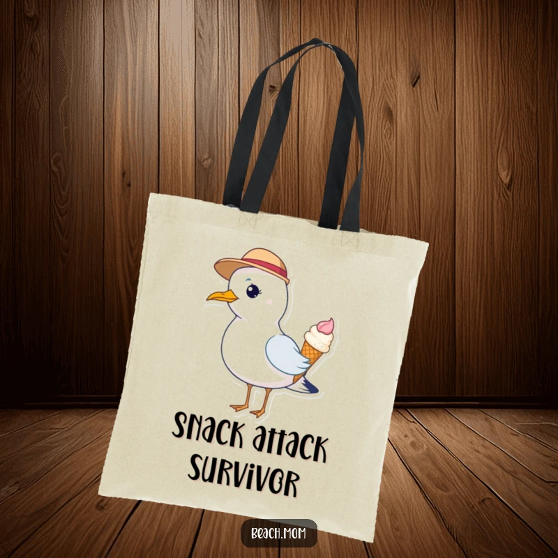 Funny tote bag showcasing a seagull in a tiny hat, holding an ice cream cone, perfect for shopping trips.