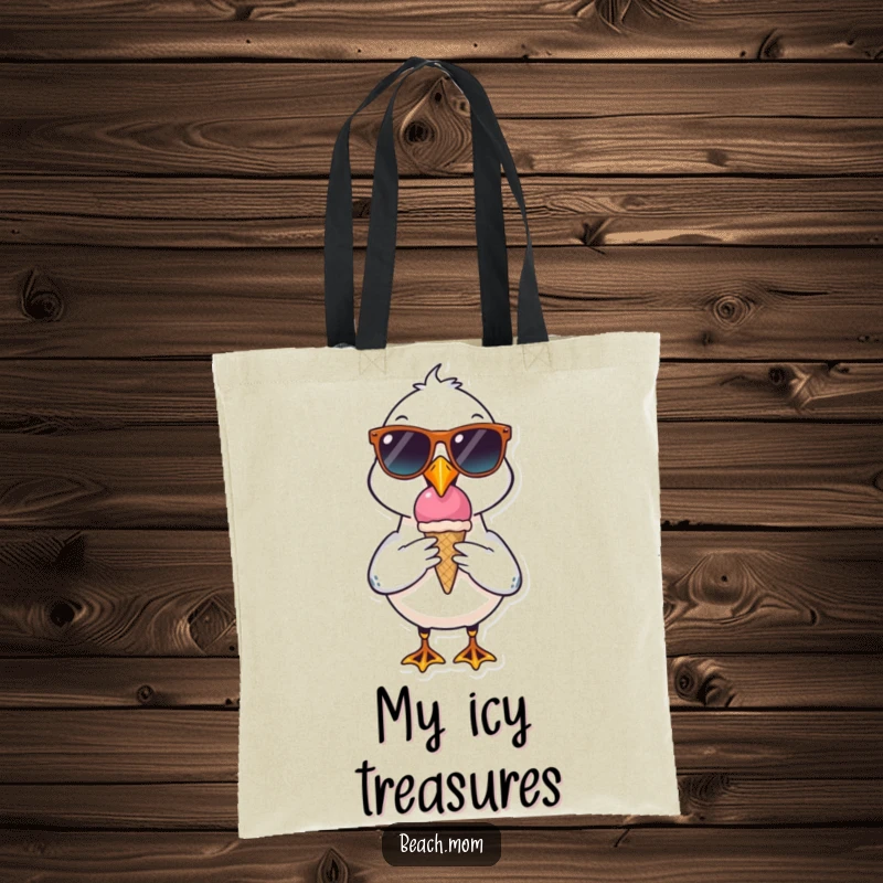 Funny seagull tote bag wearing cool sunglasses, happily eating an ice cream cone, a stylish and humorous accessory.